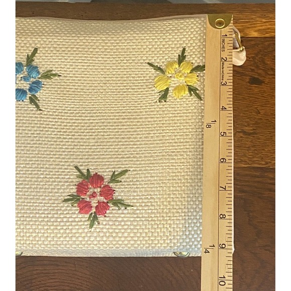 Vintage 1960s Floral Rafia Purse Beautiful Wood Sided Bag Please Read - Picture 12 of 16